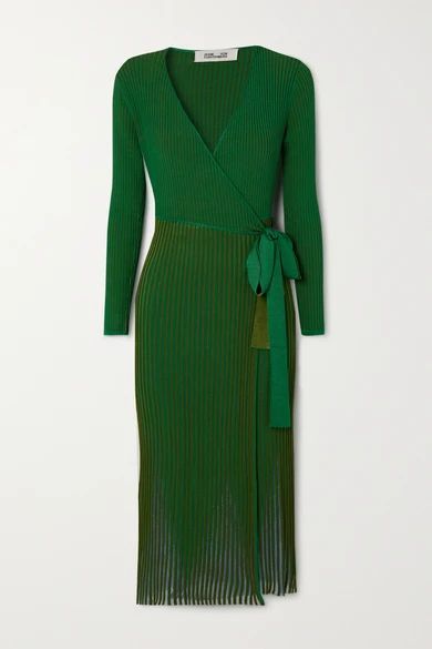 Dara Ribbed-knit Midi Wrap Dress - Green