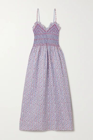 Bianca Ruffled Smocked Printed Cotton-voile Midi Dress - Blue