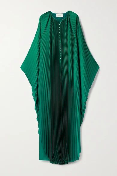 Crystal-embellished Plissé-satin Maxi Dress - Forest green