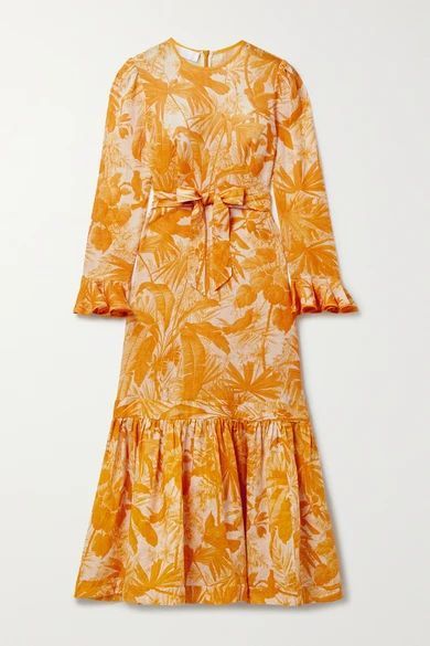 Mae Belted Ruffled Printed Linen Midi Dress - Saffron