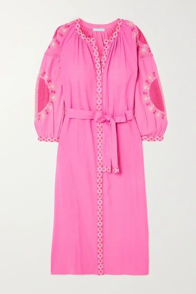 Melanie Belted Embroidered Cotton And Linen-blend Kaftan - Bright pink
