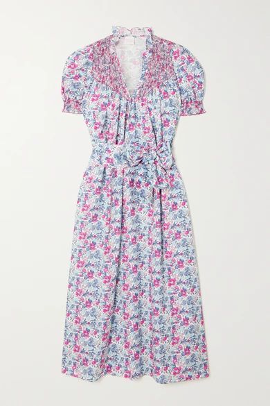 Elena Smocked Belted Floral-print Cotton Poplin Midi Dress - Blue