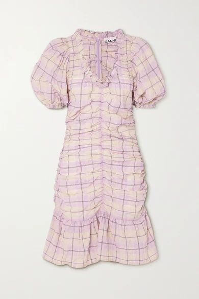 Ruched Checked Organic Cotton-blend Seersucker Mini Dress - Lilac