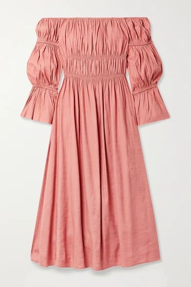 Stella Off-the-shoulder Ruched Linen-blend Midi Dress - Pink