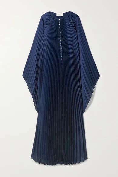 Swarovski Crystal-embellished Plissé-satin Maxi Dress - Midnight blue