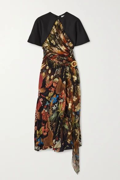 Wrap-effect Floral-print Silk-satin Midi Dress - Black