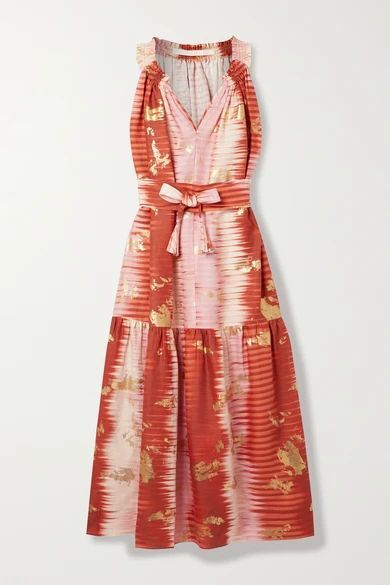 Belted Metallic Tie-dyed Linen Midi Dress - Pink