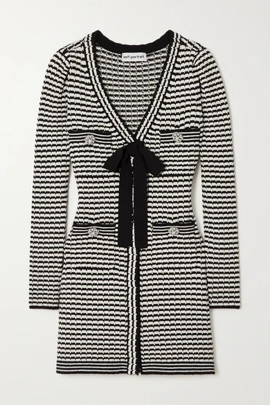 Bow-detailed Striped Cotton-blend Mini Dress - Black