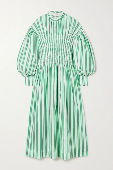 Shirred Striped Organic Cotton-poplin Midi Dress - Green
