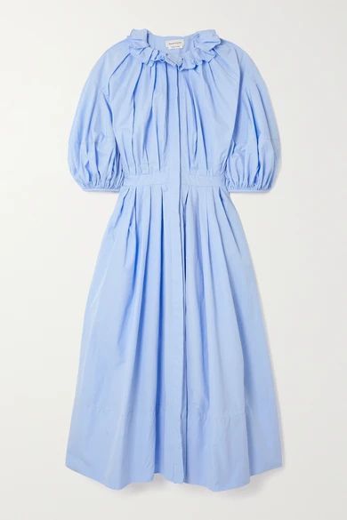 Ruffled Pleated Cotton-poplin Midi Dress - Light blue