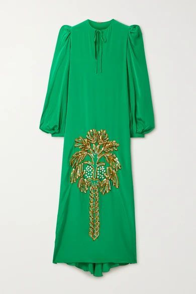 Sequin-embellished Appliquéd Silk-blend Crepe De Chine Maxi Dress - Green