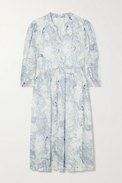 Printed Cotton And Silk-blend Crepon Midi Dress - Sky blue