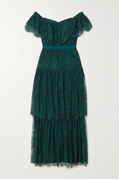 Off-the-shoulder Tiered Lace Maxi Dress - Green