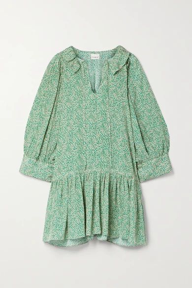 + Net Sustain Marais Printed Ruffled Printed Organic Silk Mini Dress - Green