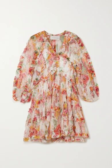 Mae Ruffled Floral-print Silk-crepon Mini Dress - Ivory