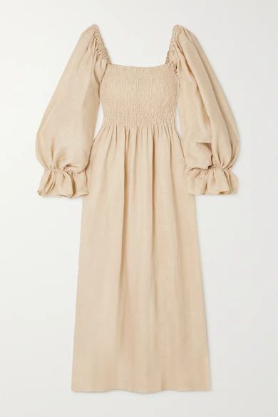 Atlanta Off-the-shoulder Shirred Linen Midi Dress - Beige