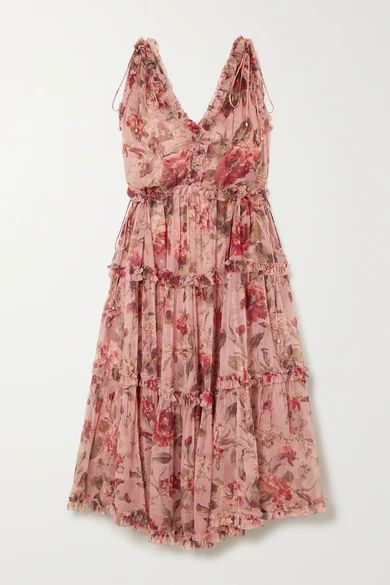Cassia Ruffled Floral-print Silk-crepon Midi Dress - Antique rose