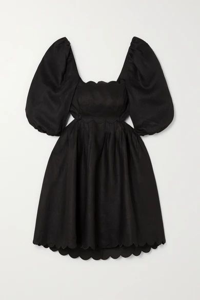 Mae Cutout Scalloped Linen Mini Dress - Black