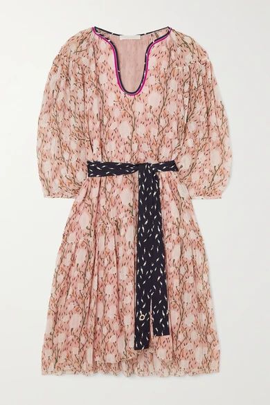 Belted Floral-print Cotton And Silk-blend Chiffon Dress - Pink