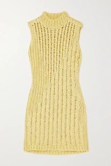Cutout Cable-knit Cotton Turtleneck Mini Dress - Yellow