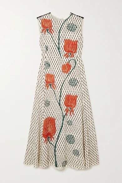 Floral-print Crepe De Chine Midi Dress - Beige