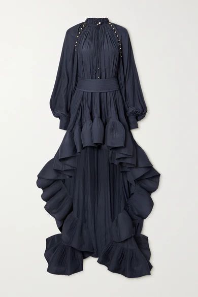 Belted Asymmetric Ruffled Crepe Gown - Navy