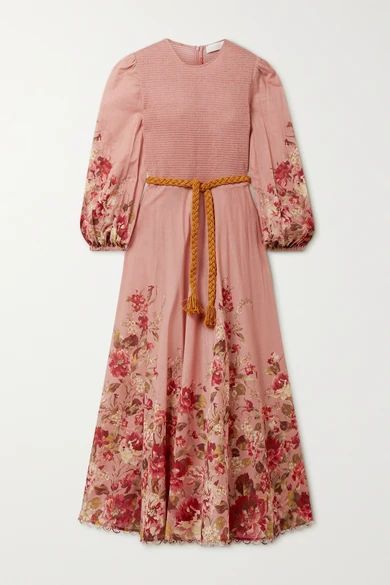 Cassia Belted Shirred Floral-print Cotton-voile Midi Dress - Antique rose