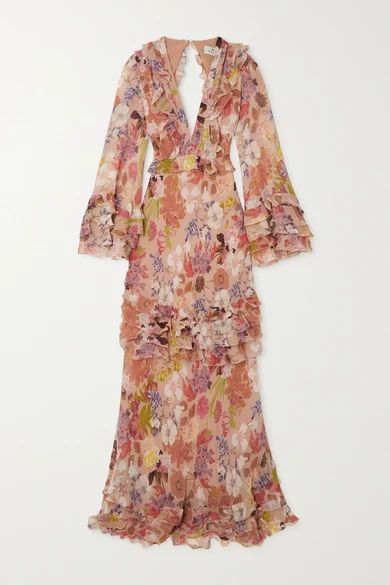 Open-back Ruffled Floral-print Silk Crepe De Chine Gown - Blush