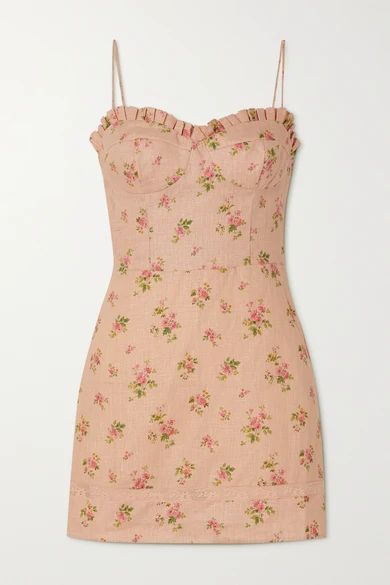 Andie Lace-trimmed Floral-print Linen Mini Dress - Beige