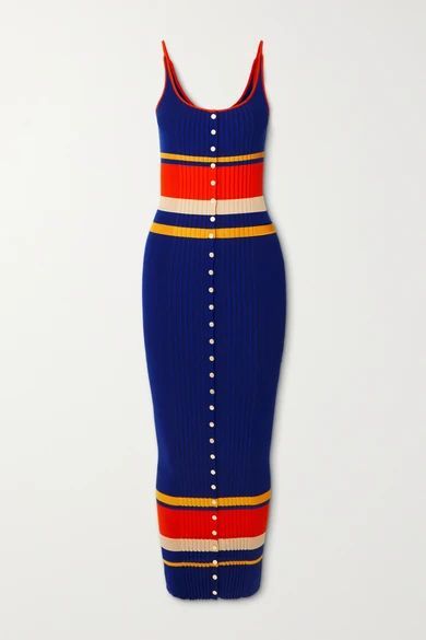 Striped Ribbed Cotton-blend Midi Dress - Navy