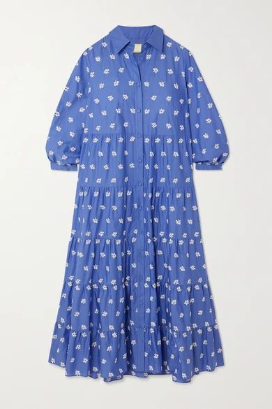 Patmos Embroidered Tiered Cotton-blend Midi Shirt Dress - Blue