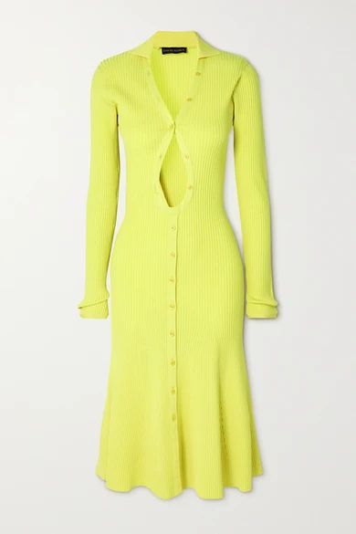 Cutout Neon Ribbed-knit Midi Dress - Yellow