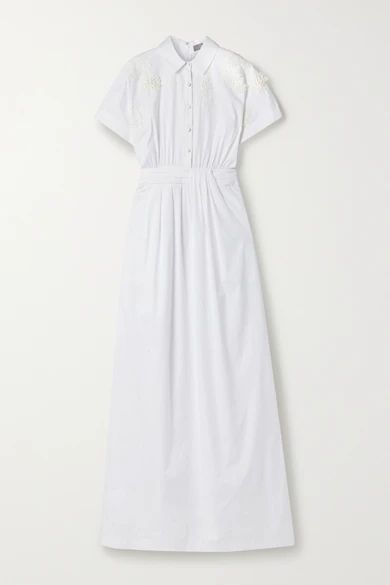 Floral-appliquéd Cotton-blend Poplin Maxi Shirt Dress - White