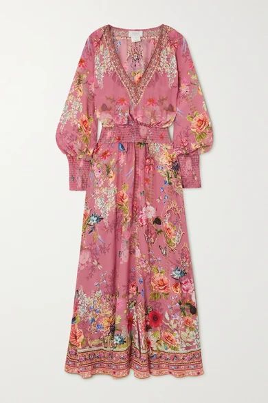 Embellished Smocked Silk Crepe De Chine Maxi Dress - Antique rose