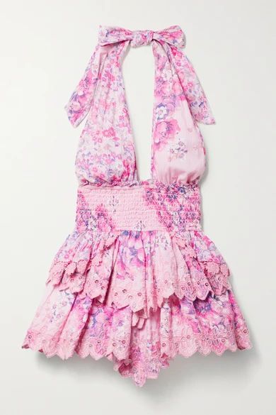 Deanna Floral-print Broderie Anglaise Cotton-voile Halterneck Mini Dress - Pink
