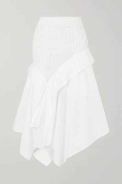 Asymmetric Cable-knit Wool And Cotton-poplin Midi Skirt - White