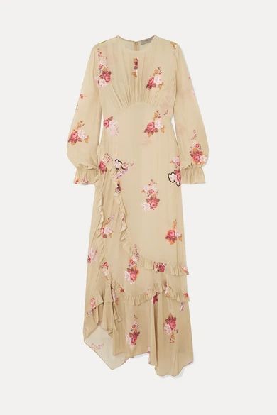Gabriella Asymmetric Ruffled Floral-print Crepe De Chine Maxi Dress - Neutral