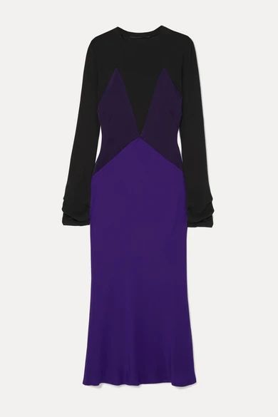 Color-block Paneled Silk-satin And Knitted Midi Dress - Purple