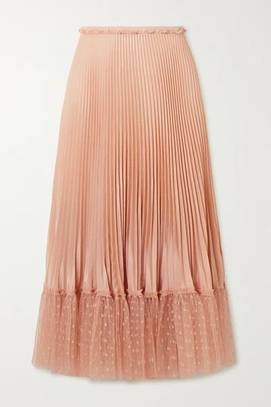 Pleated Point D'esprit Tulle-trimmed Satin Midi Skirt - Blush