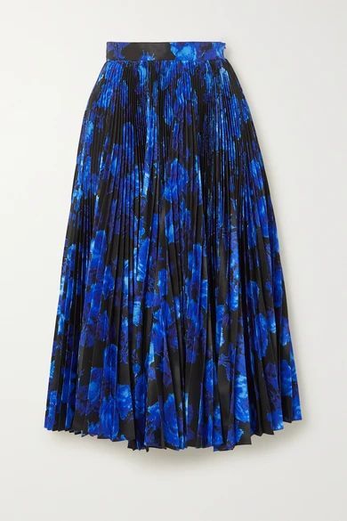 Pleated Floral-print Satin Midi Skirt - Blue