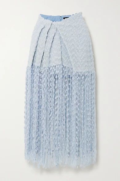 Capri Fringed Appliquéd Tweed Midi Skirt - Light blue