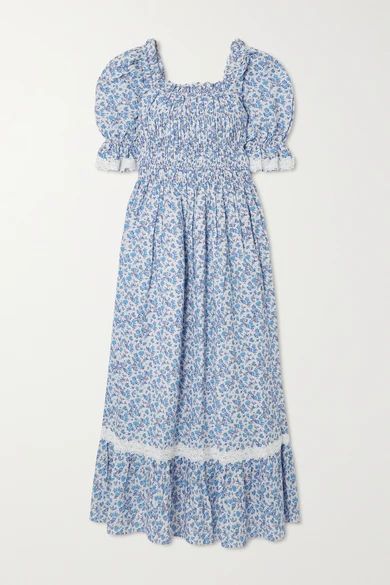 Elisa Smocked Ruffled Printed Cotton And Linen-blend Midi Dress - Blue