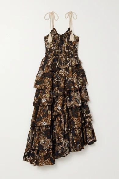 Estela Asymmetric Tiered Floral-print Cotton Dress - Black
