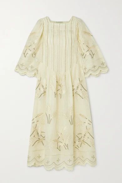 Loulou Embroidered Linen Midi Dress - Cream