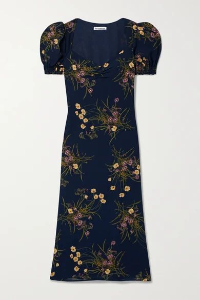 Luciana Lace-up Floral-print Crepe Midi Dress - Navy