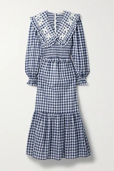 Gina Shirred Embroidered Gingham Cotton-voile Midi Dress - Navy