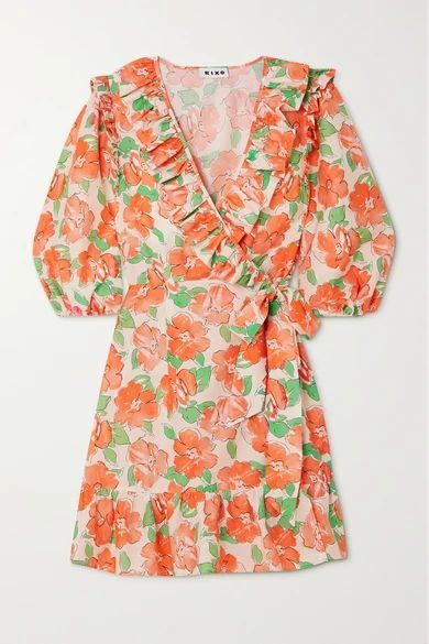 Lennon Ruffled Floral-print Cotton And Silk-blend Mini Wrap Dress - Coral