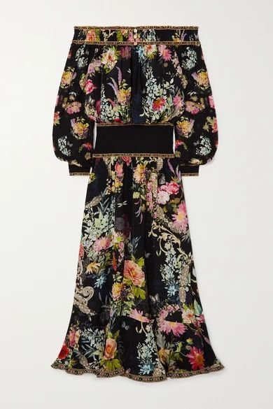 Off-the-shoulder Crystal-embellished Printed Silk-chiffon Maxi Dress - Black