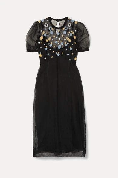 Embroidered Tulle Midi Dress - Black