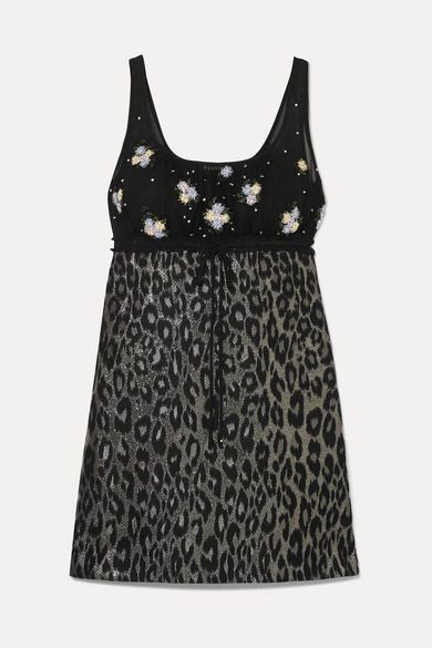 Embroidered Tulle And Leopard-print Jacquard Mini Dress - Black